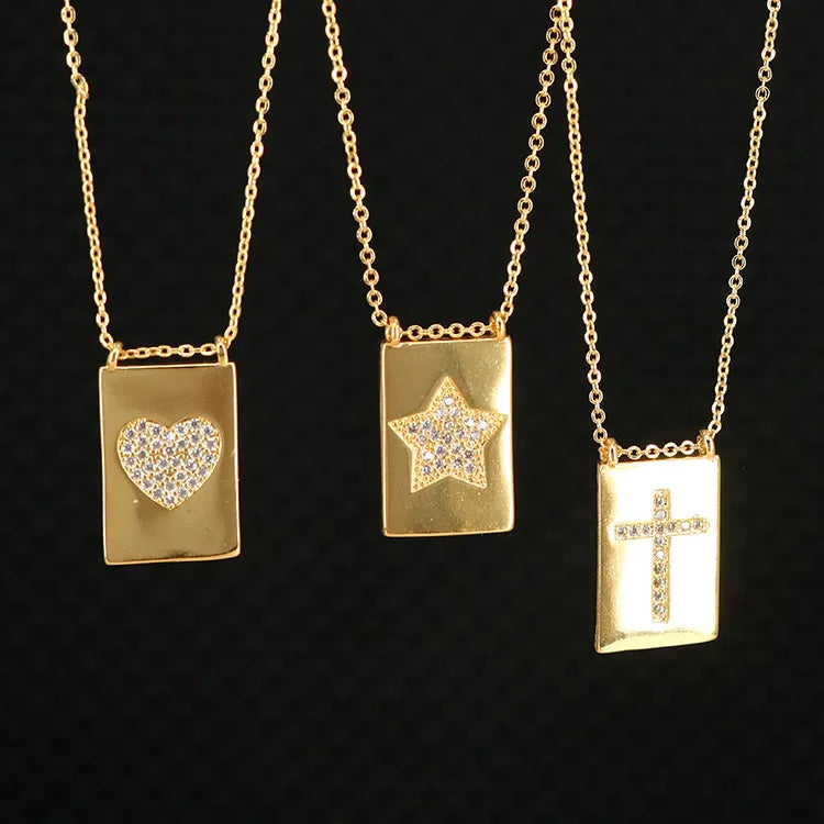NZ1157 Chic Gold Plated Zircon Diamond CZ Micro Paved Star Heart Cross Rectangle Scarpular Medal Pendant Chain Necklace