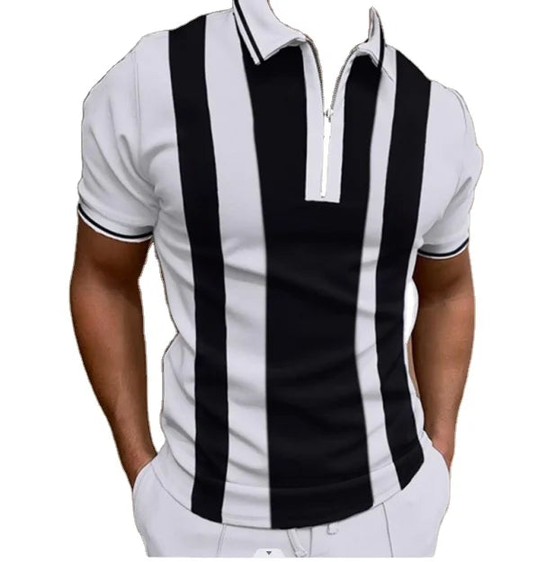 Top Fashion Men's Striped for Polo Business Formal Work Shirt Knitted Short Sleeve Zipper Closure