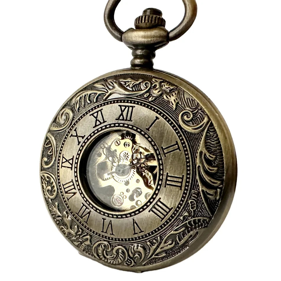 Retro Hand Wind Double Side Roman Mechanical Pocket Watch