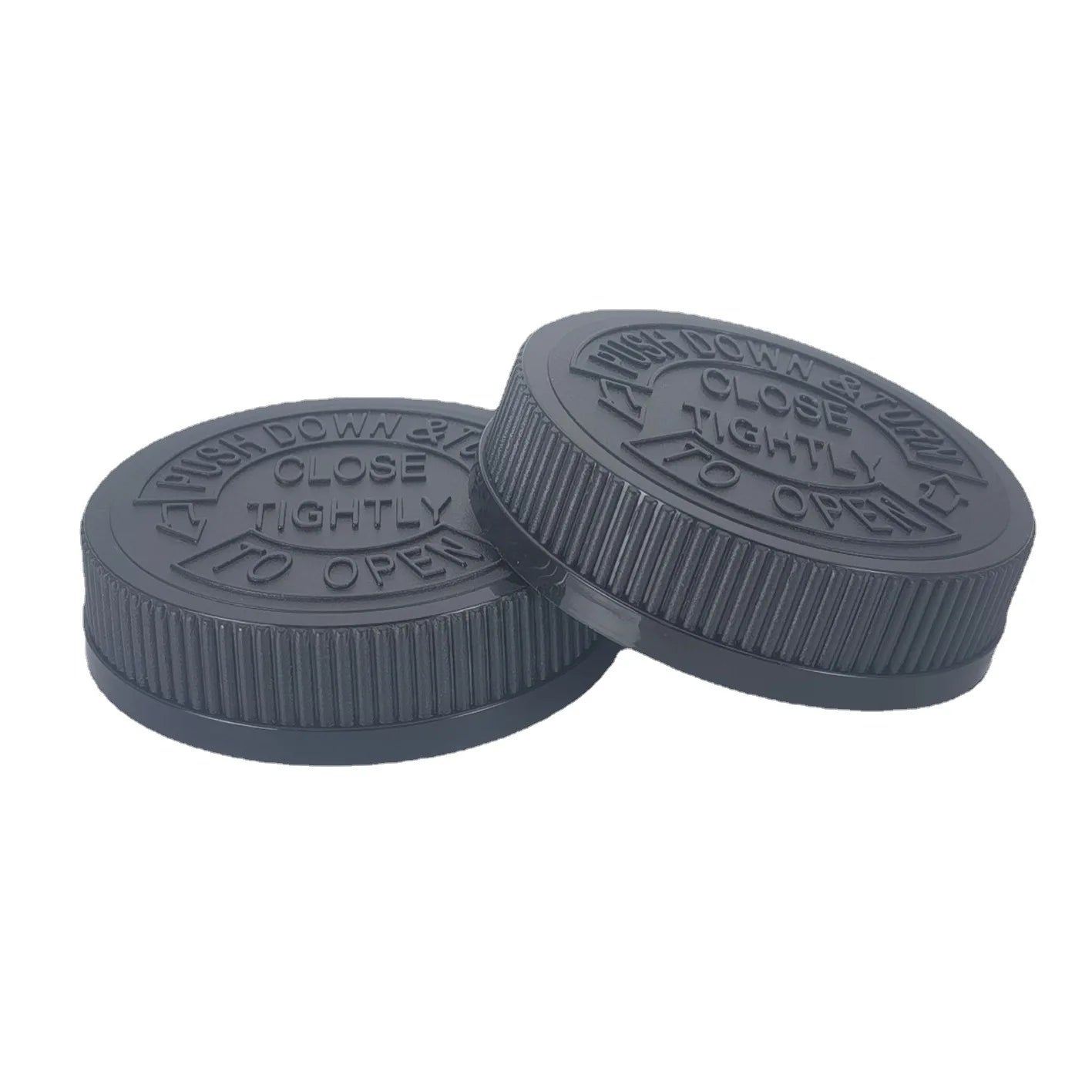 70-400 70mm CRC Black PP Plastic Child-Resistant Capable Ribbed Smooth Top Cap Includes Foam Liner