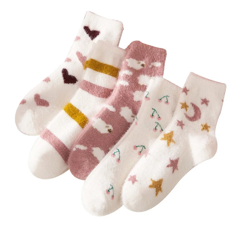 Autumn and Winter Coral Velvet Socks Cute Home Sleep Warm Mid-tube Socks love Moon Floor Socks