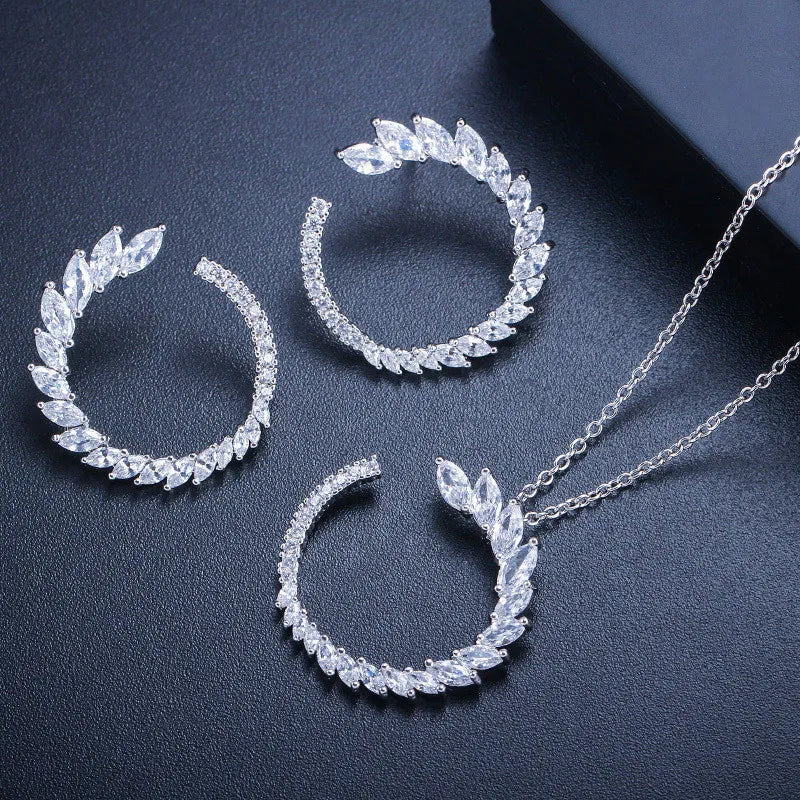 Marquise Cut Cubic Zirconia Crystal Fashion Half Round Leaf Earrings and Pendant Necklace Women Everyday Wear Jewelry Sets Gift