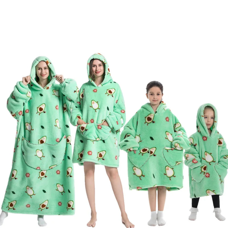 Women's Oversized Hoodie Pajamas Set Winter Flannel Fleece Blanket Giant Pocket Family Composite Warm Clothing Lazy TV Wearable