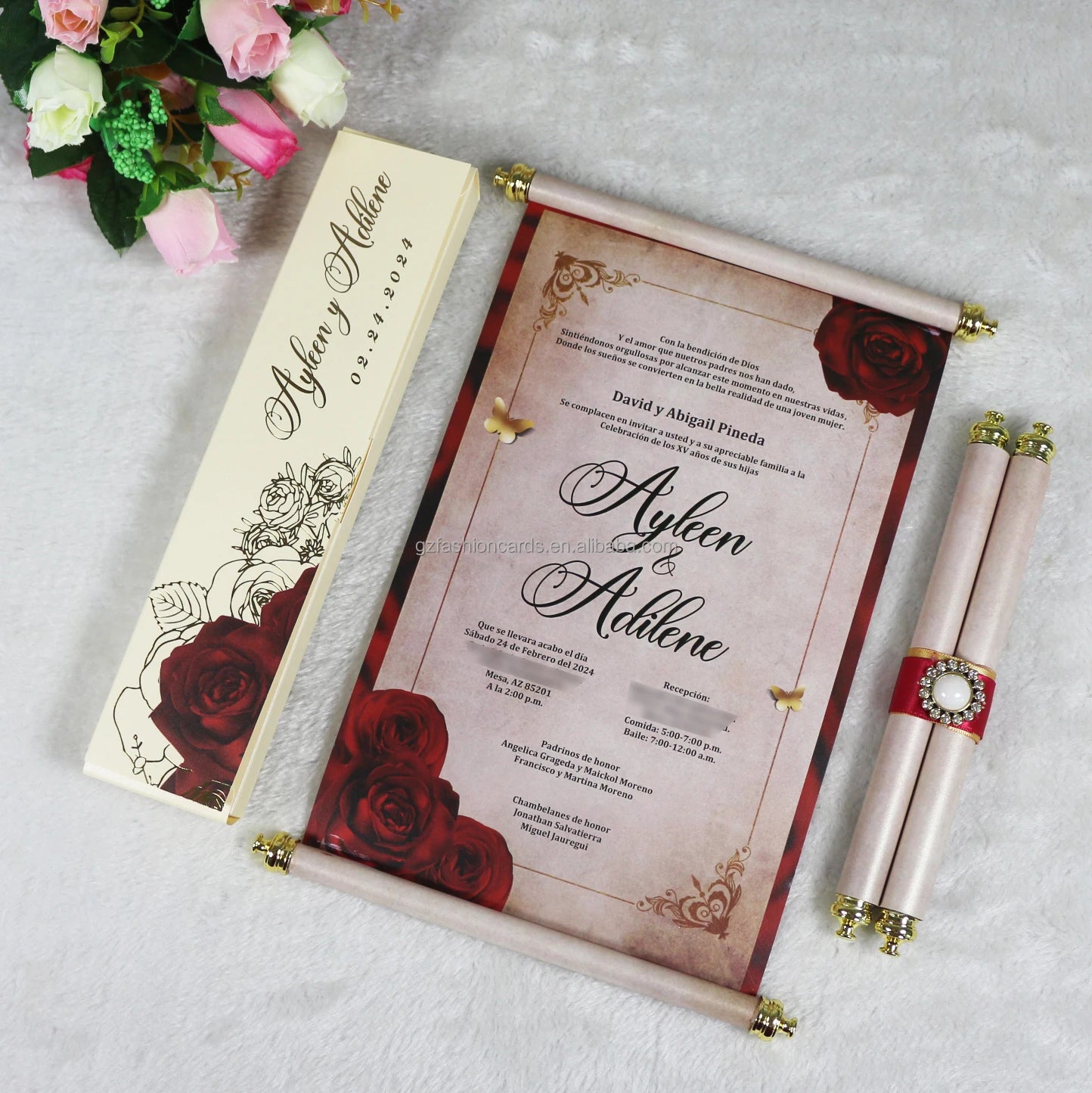 Creative India Scroll Wedding Invitations Card with Box Colorful Ink Printing Rose Theme Wedding Cards