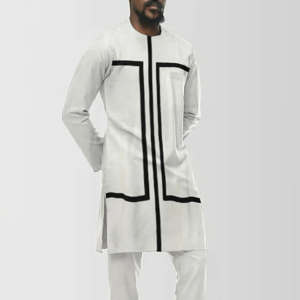 Custom African Ethnic Men's Round Neck Long Sleeve Printed Loose Plus Size Striped Element Men's Party Shirts