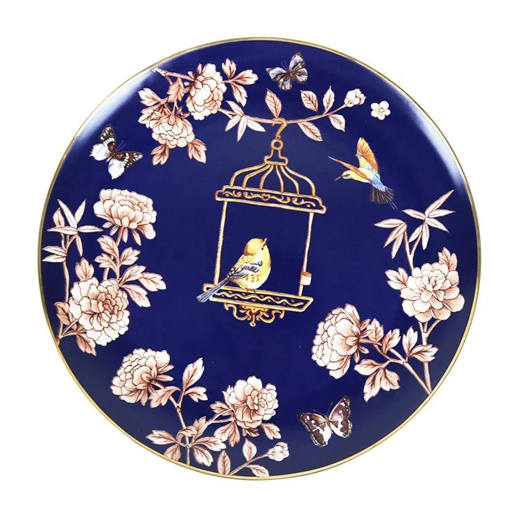 12 Inch Chinese Style Forest Series Flower Bird Pattern Food Dishes Ceramic Serving Plate for Restaurants