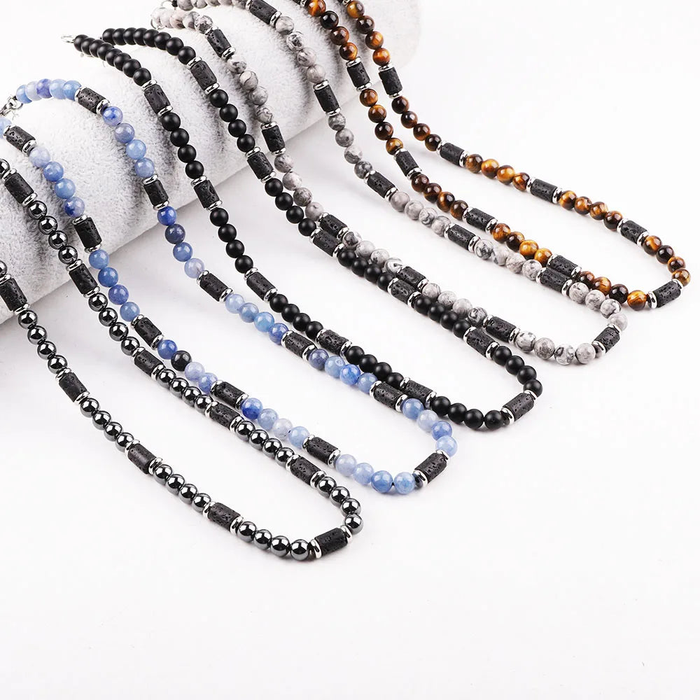 New Fashion Natural Stone Tiger Eye Matte Onyx Hematite Beads Stainless Steel Clasp Lava Stone Necklace Men 45cm