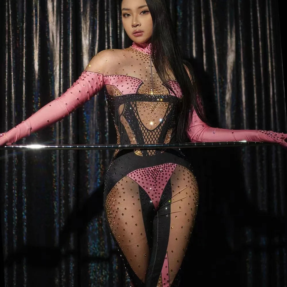 Monos Designer Stretch Skinny Pole Dance Clothing Rhinestone Rompers Female Club Bodysuits Women Sexy Stage Performance Jumpsuit