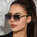 UNOC 2022 Womens Oversized Rectangle Sunglasses Gold Metal Frame UV400 Ocean Lens Fashionable Rimless UNOC Womens Sunglasses