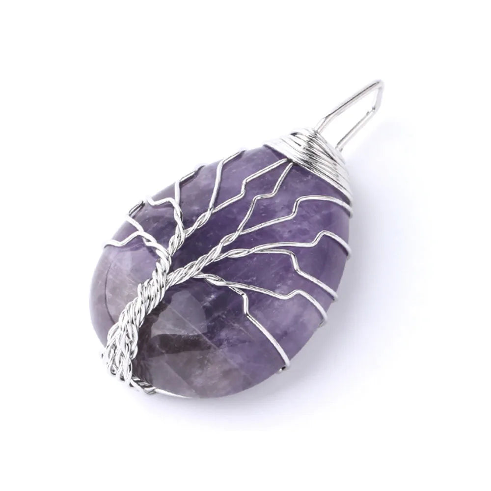 Natural Stones Amethyst tiger Eye Rose Quartz Agate Aventurine Chain Tree of Life Wrapped Necklace Women Jewelry Necklaces
