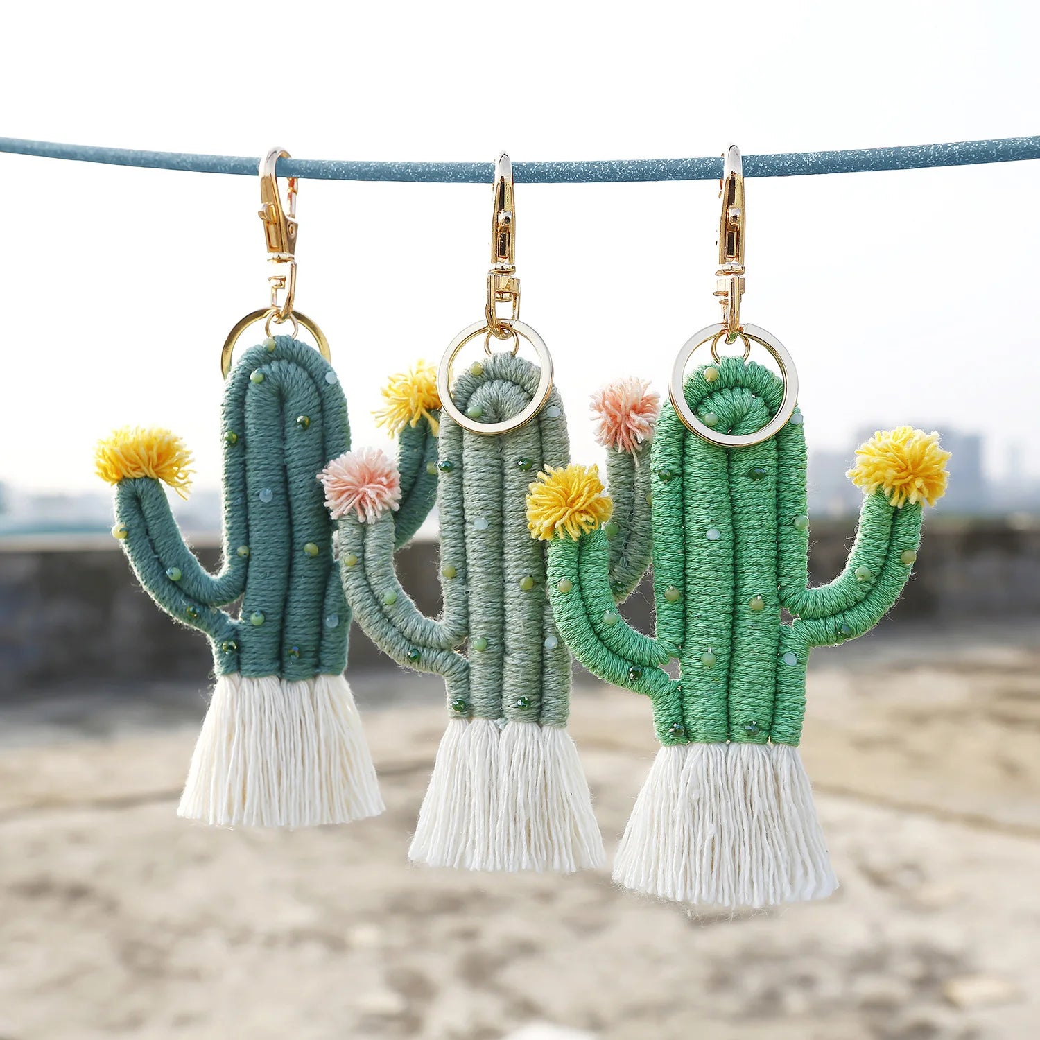 Handmade Boho Weaving Multicolor Wholesale Bag Pendant Key Holder Woven Cotton Green Plant Cactus Macrame Keychain