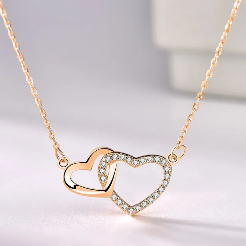 Initial S925 Sterling Silver Double Heart Necklace Luxury Crystal Zircon Heart Pendant Necklace for Women