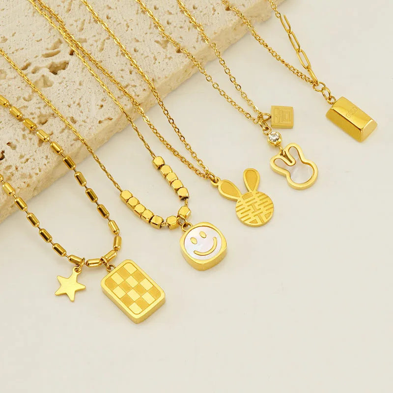 Minimalist 18K Gold Plated Necklace Shell Star Rabbit Gold Bar Necklace Smile Face Stainless Steel Necklace for Women