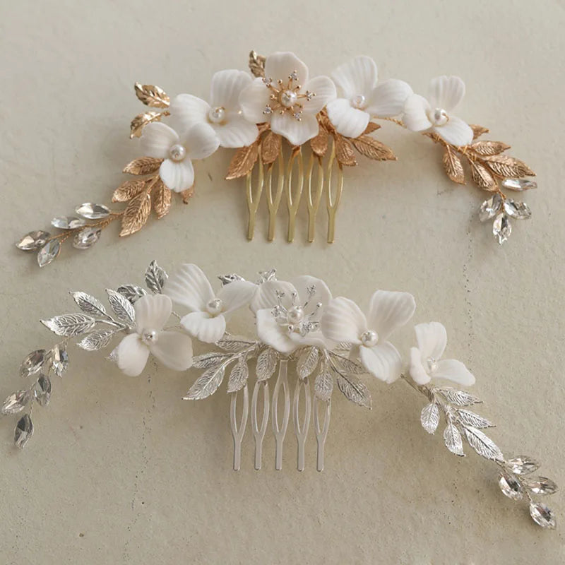 SLBRIDAL Opal Crystal Rhinestone Pearls Ceramic Flower Bridal Hair Comb Wedding Hair Accessories Women Hair Jewelry