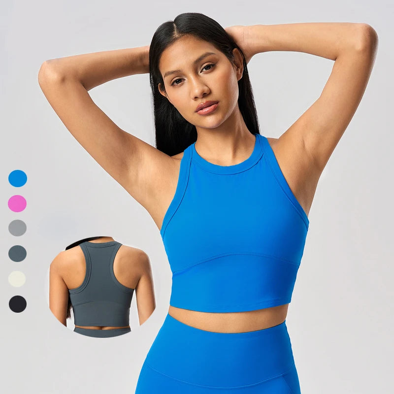 SHINBENE Women's Breathable Gym Yoga Bras Racerback High Neck Sports Workout Crop Tops Plus Plain Fixed Padded Crop Tops
