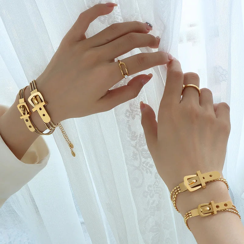 European American Fashion Stainless Steel 18K Gold Three Layer Rice Bead Chain Watch Buckle Bracelet Women Spot Wholesale