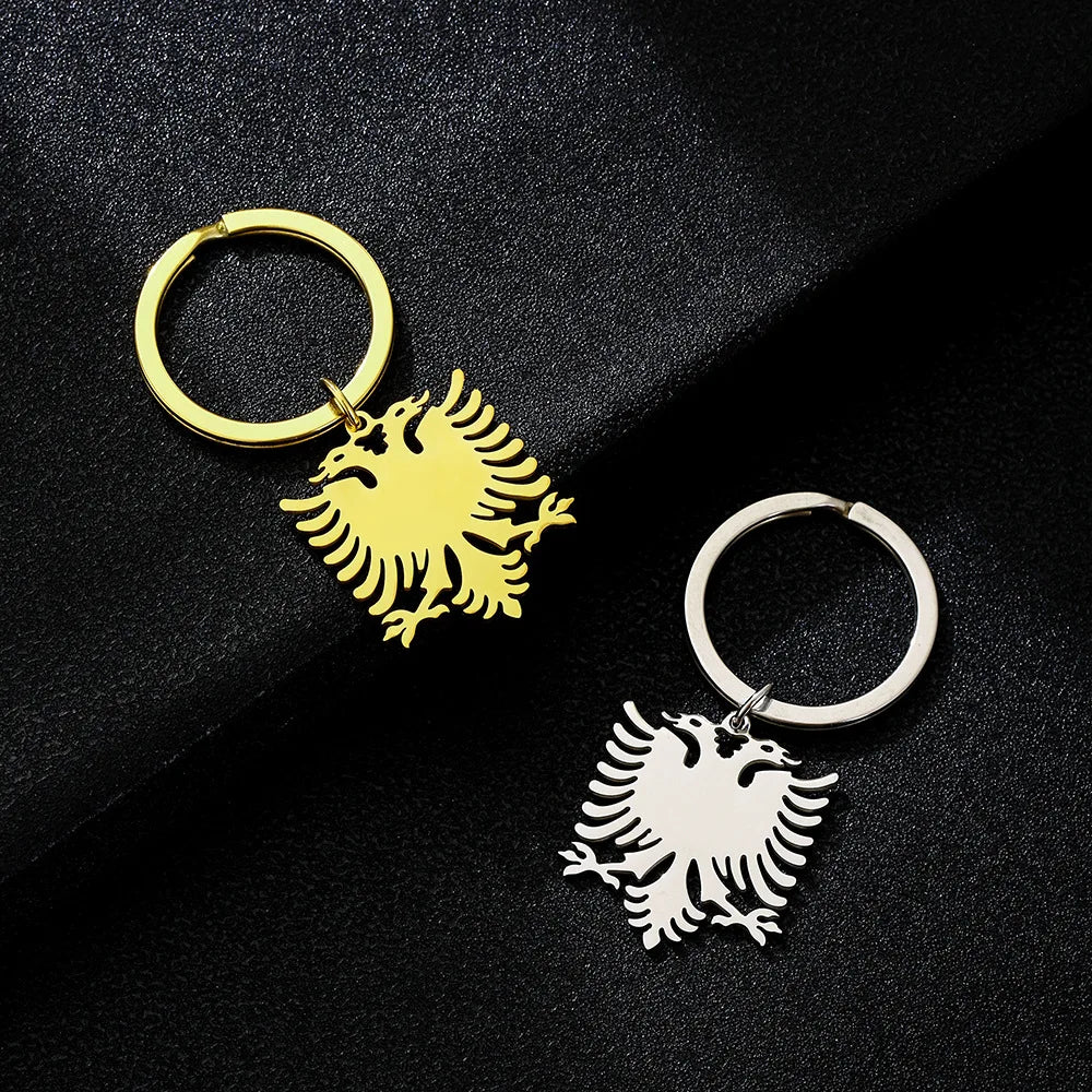 Manufacturer Stainless Steel Albania National Emblem Country Flag Keychain 18K Gold Plated Albanian Flag Map Pendant Key Chain
