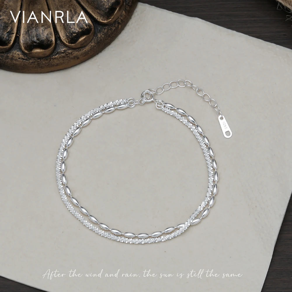 VIANRLA Double Chain Necklace 925 Sterling Silver Sparkle Glitter Margarita Twisted Rock Chain and Oval Beaded Chain Bracelet
