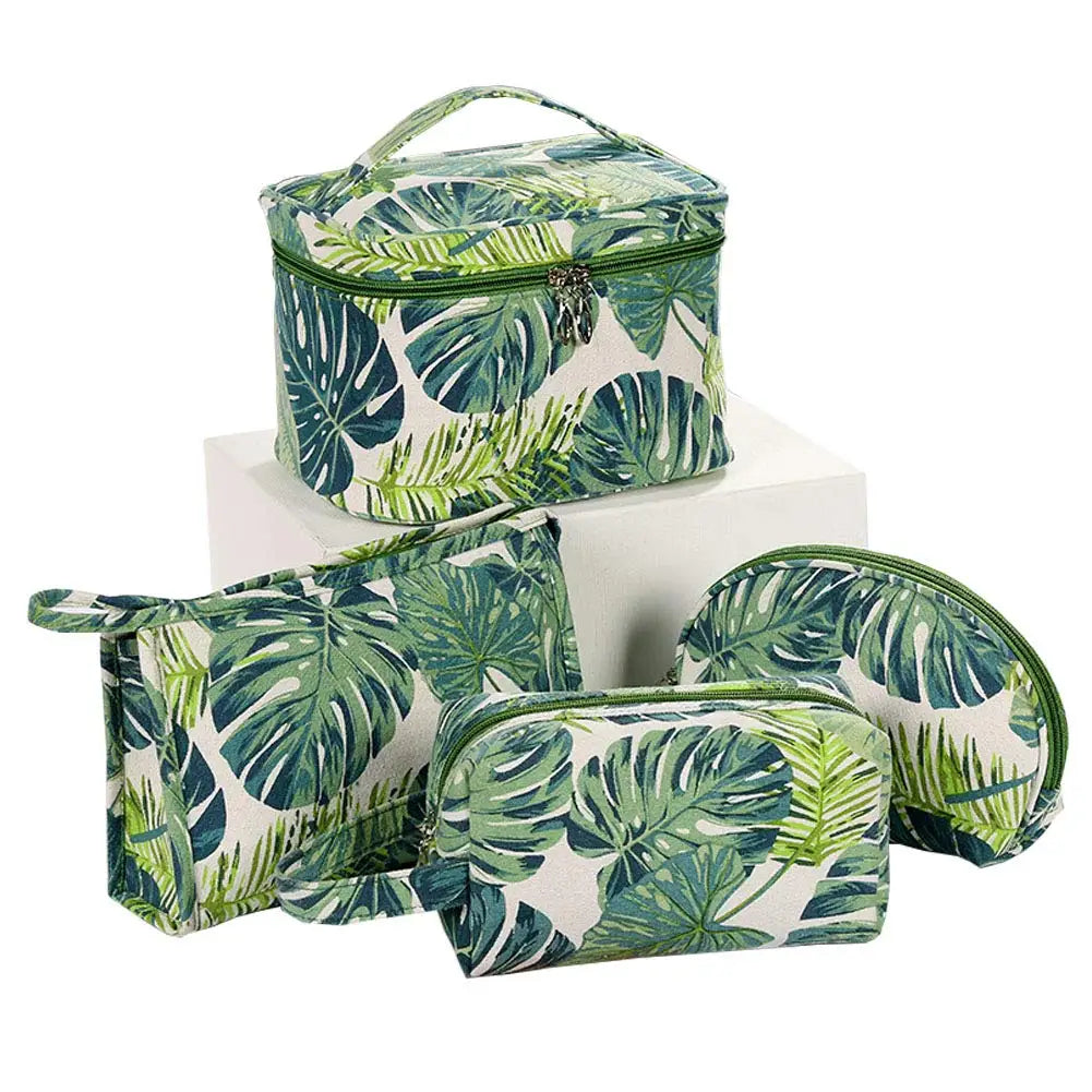 Green Leaf Makeup Bag Canvas Tropical Cosmetic Bags Travel Toiletries Storage Pouch Canvas Zipper Clutch Purse for Women