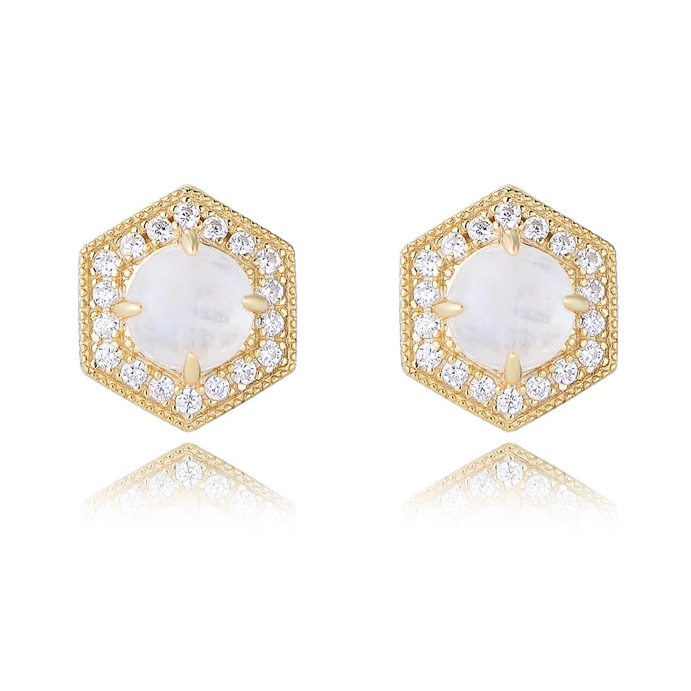 Fulsun Dainty Turkish Wholesale 925 Sterling Silver Fine Jewelry Hexagon Design Moonstone Cubic Zirconia Stud Earrings