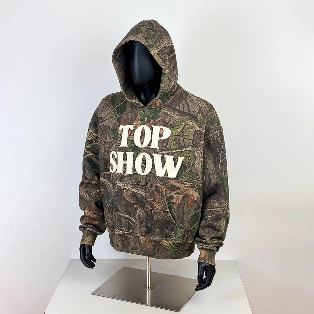 TOPSHOW Custom Applique Streetwear Cotton Heavyweight French Terry Camouflage Boxy Sweatshirt Real Tree Camo Hoodie Men