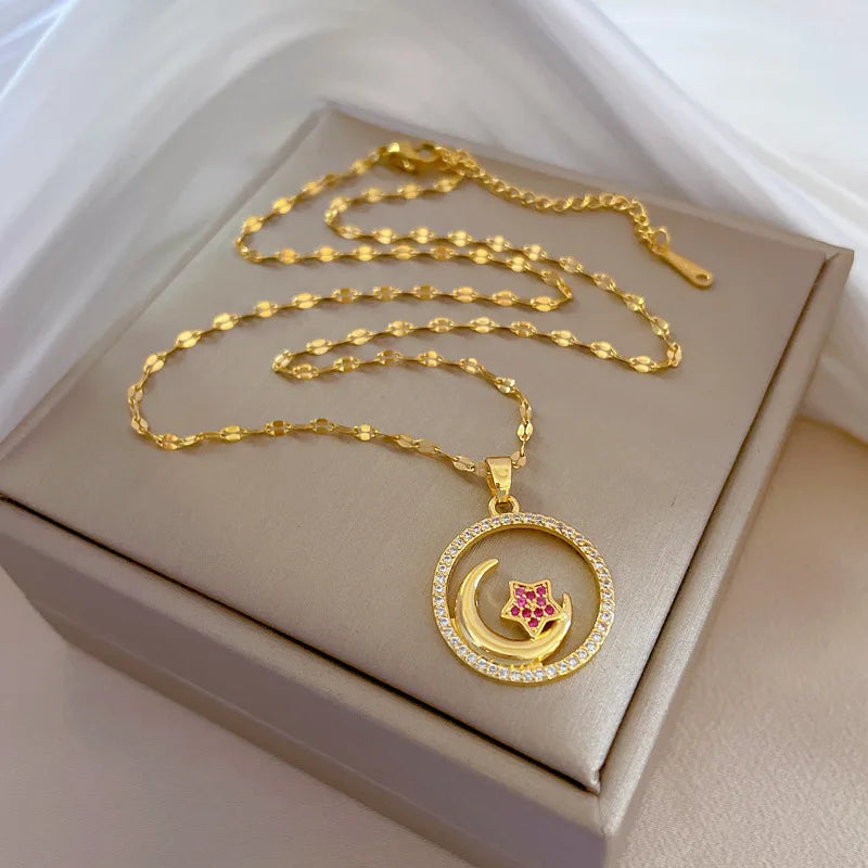 Shining Moon and Star Pendant Necklace Stainless Steel Chain Gold Plated Micro Pave Zircon Cz Moon and Star Choker Necklace