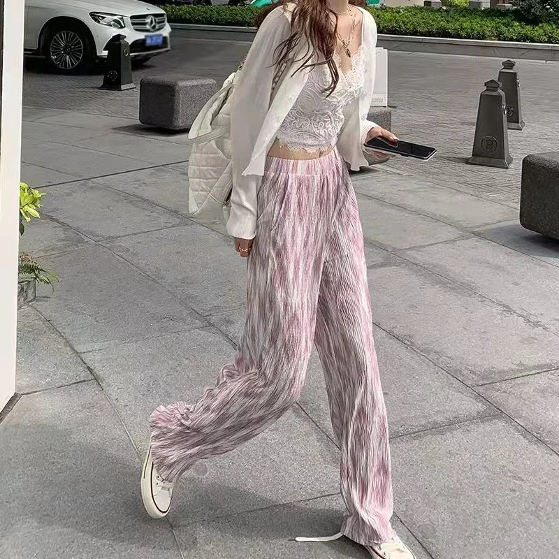 High Street Pants Women's Summer Oversize Plus Size 3XL Streetwear Pants Draping Tie-Dye Ice Silk Pattern Women's Wide Leg Pants