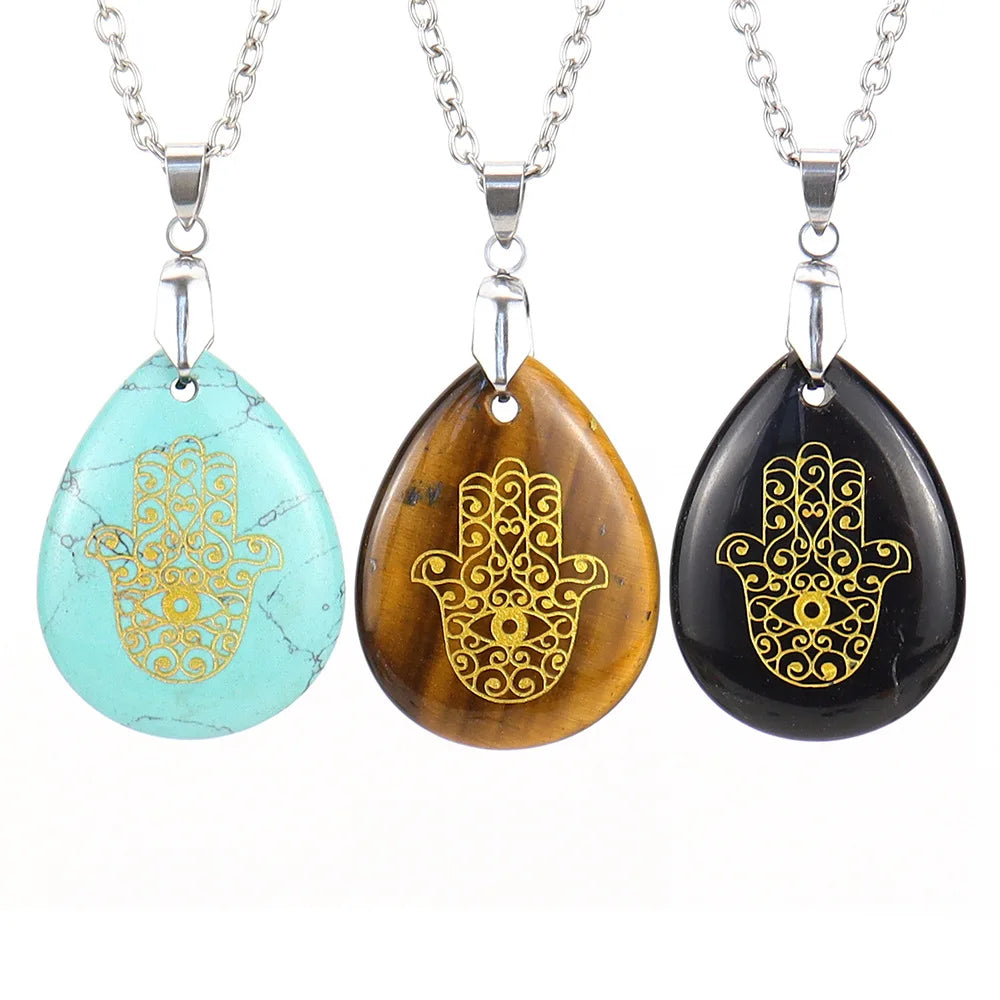 Golden Palm Stone Tear Drop Pendants Water Drop Shape Beads Crystal Quartz Stone Charm Carved Hamsa Pendant Necklace