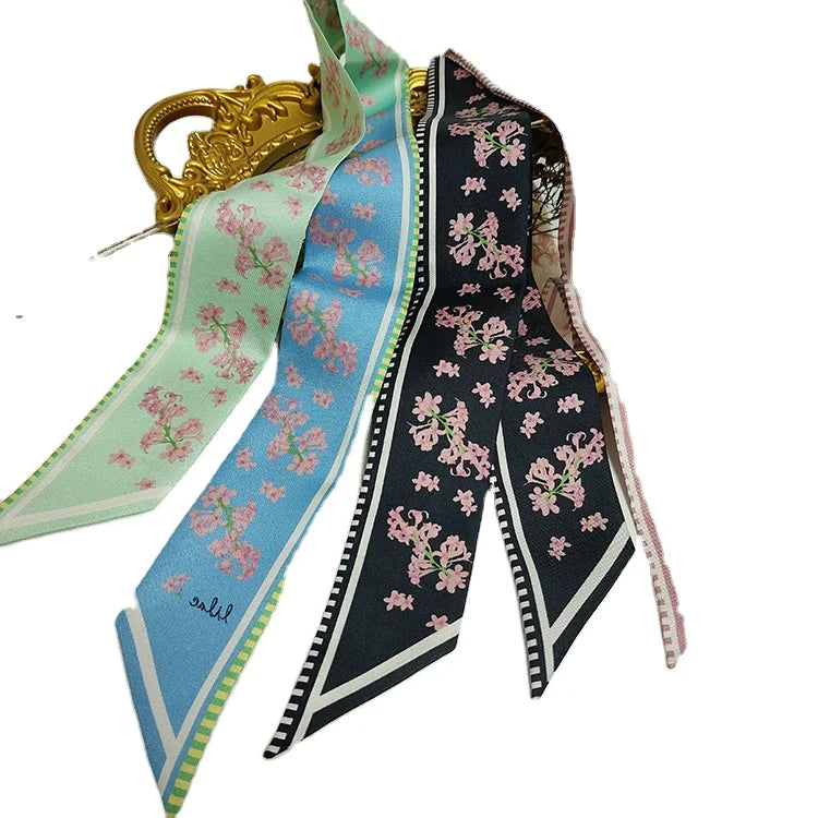 Pure Silk Designer Scarf Silk Ribbon Handbag Scarf Silk Headwrap Lilac Pattern for Mother's Day Gift