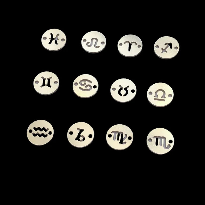 14k Gold Filled Hollow Rond Disc Zodiac Charm Connector With Double Hole for Bracelet Necklace Permanent Jewelry DIY Accessories