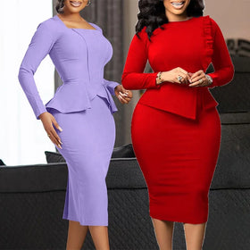 Womens Peplum Career Dresses Slim Ruffle Official Church Outfits Pleated Formal Gown Business Party Wear Sheath Dress