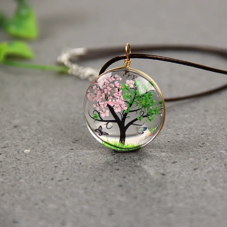 Wholesale Time Gem Glass Pendant  Flower Tree of Life Chain Necklace for Women