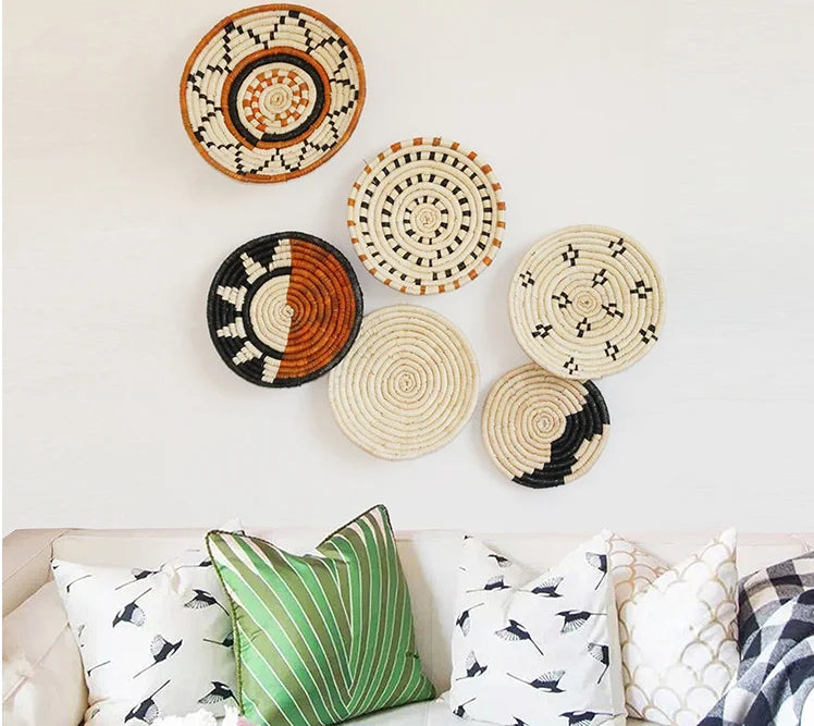Hanging Woven Wall Basket Decor 7pc/set Seagrass Baskets Rattan Decor for Boho Wall Art Round Wicker Decorative Tray Flat Basket