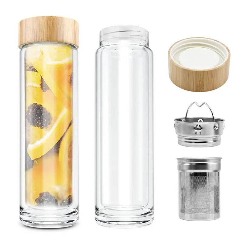 Double Wall High Borosilicate Glass Tea Infuser Clear Glass Bottle Bamboo Lid Strainer for Travel Convenient for On-the-go Tea