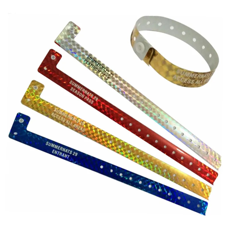 HXY Custom Promotional Waterproof Plastic Bracelet Vinyl Wristbands Holographic L-Shaped Plastic Wristbands for Festivals