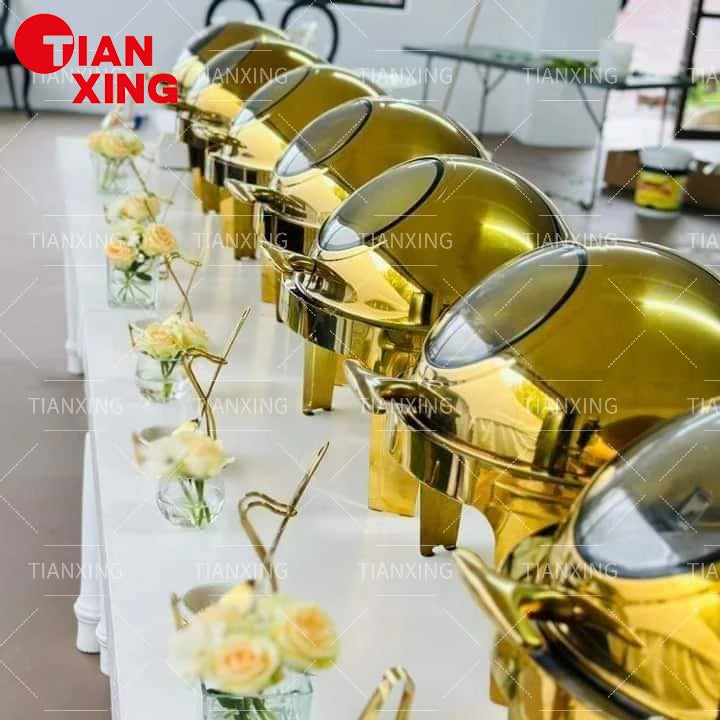 Luxury Restaurant Equipments 6.0L Buffet Food Warmer Silver and Gold Chaffing Dish Round Roll Top Chafing Dish for Catering MegaBDM
