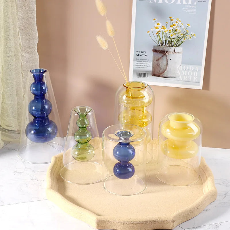 Nordic Double-Layer Glass Table Vase Flower Arranging Aromatherapy Simple Ins Style Art Deco Design Living Room Decoration