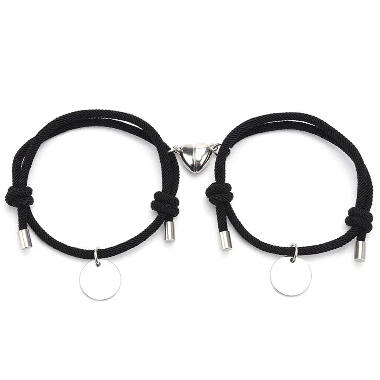 Custom Name Stainless Steel Disc Charm Fashion 2Pcs Couple Chain Magnetic Heart Bracelet