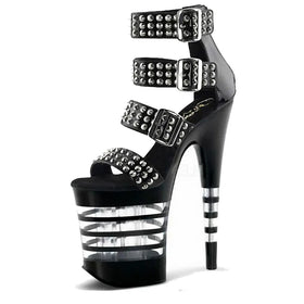 Black New Punk Rivet Baking Paint Bottom 20cm Thin Heel Ultra-high Platform Sexy Pole Dance Large Summer Sandals
