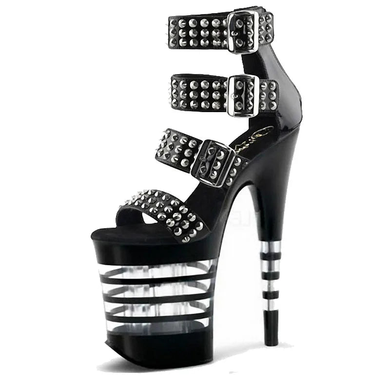 Black New Punk Rivet Baking Paint Bottom 20cm Thin Heel Ultra-high Platform Sexy Pole Dance Large Summer Sandals