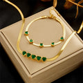 18k Gold Wholesale Snake Herringbone Chain Green Zircon Heart Necklace Bracelet Set No Fade Stainless Steel Heart Necklace