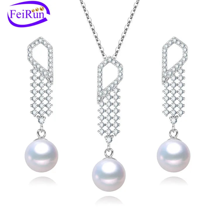 FEIRUN 7.5-8mm Round AA+ Hot Sale Freshwater Pearl Crystal Wedding Pearl Jewellery Set Bridal