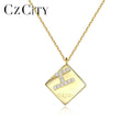 Fashion 925 Sterling Silver Geometric Engraved Women Statement Jewelry Square Shape Alphabet 14K Gold Plated Necklace