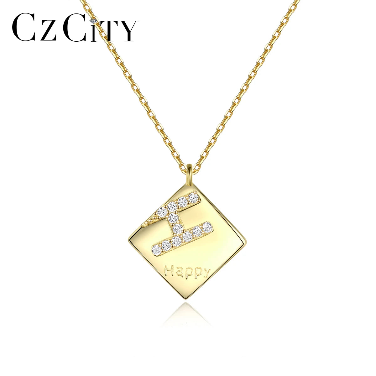 Fashion 925 Sterling Silver Geometric Engraved Women Statement Jewelry Square Shape Alphabet 14K Gold Plated Necklace