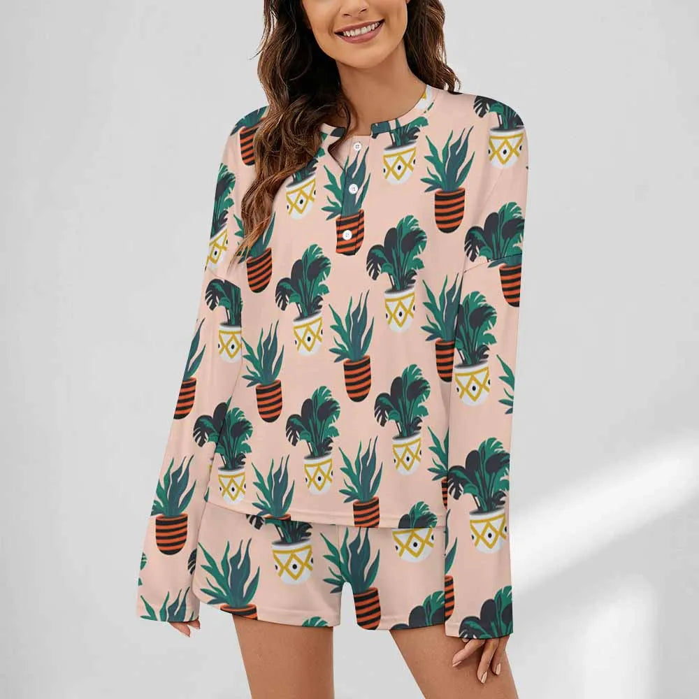 Wholesale Long Sleeve Short Pants Custom  Sleepwear Pijama 2 Pieces Femme Pyjama Women V Neck Pajama Set