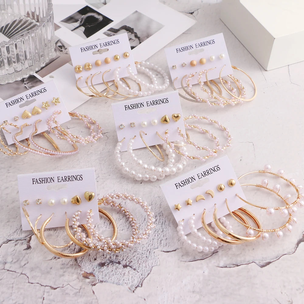 VKME Fashion Women Jewelry Trend Big Hoop Heart Pearl Earrings Set