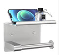 Modern Black Stainless Steel Toilet Tissue Roll Holder Phone Shelf Wall-Mounted Screw Adhesive Installation Bathroom Use EMBLEM