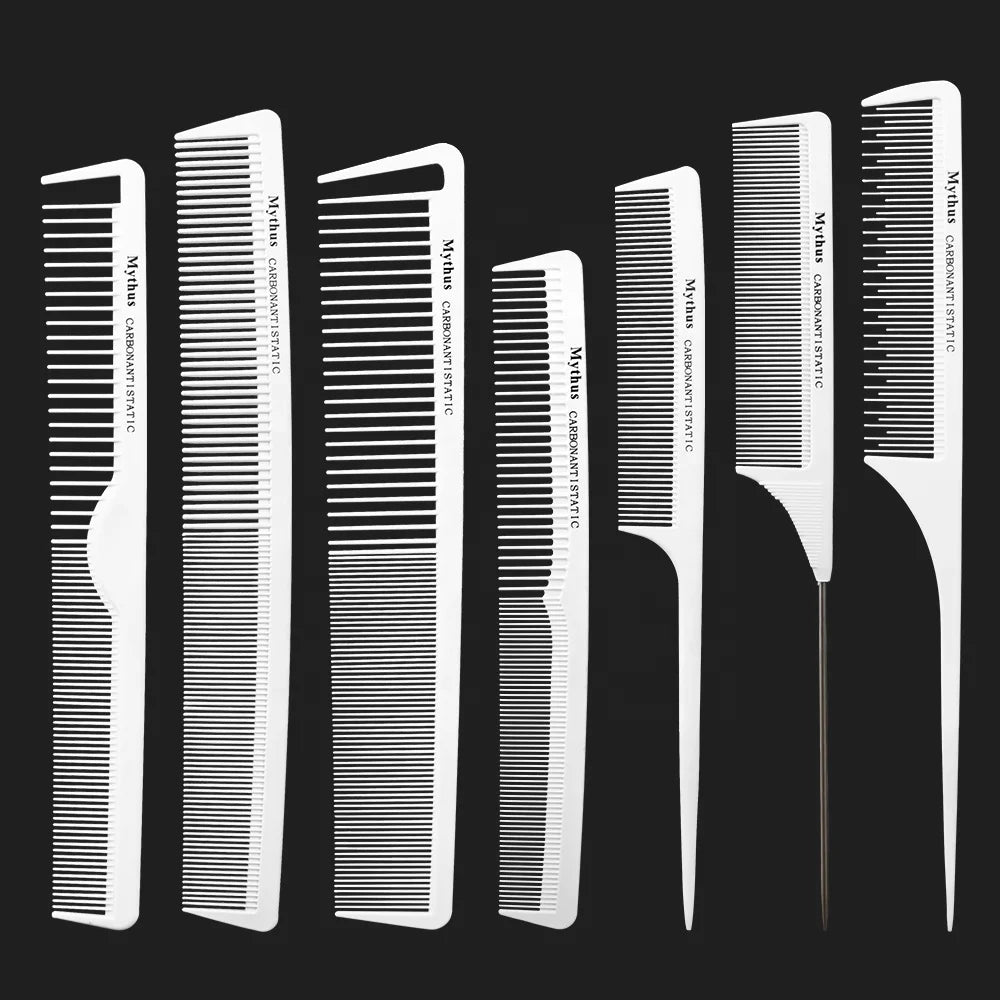 Professional Salon 7 Design Hairdressing Comb Carbon Fiber ABS Double-Sided Pointed Tail Comb Anti Static White Haircut Comb Set