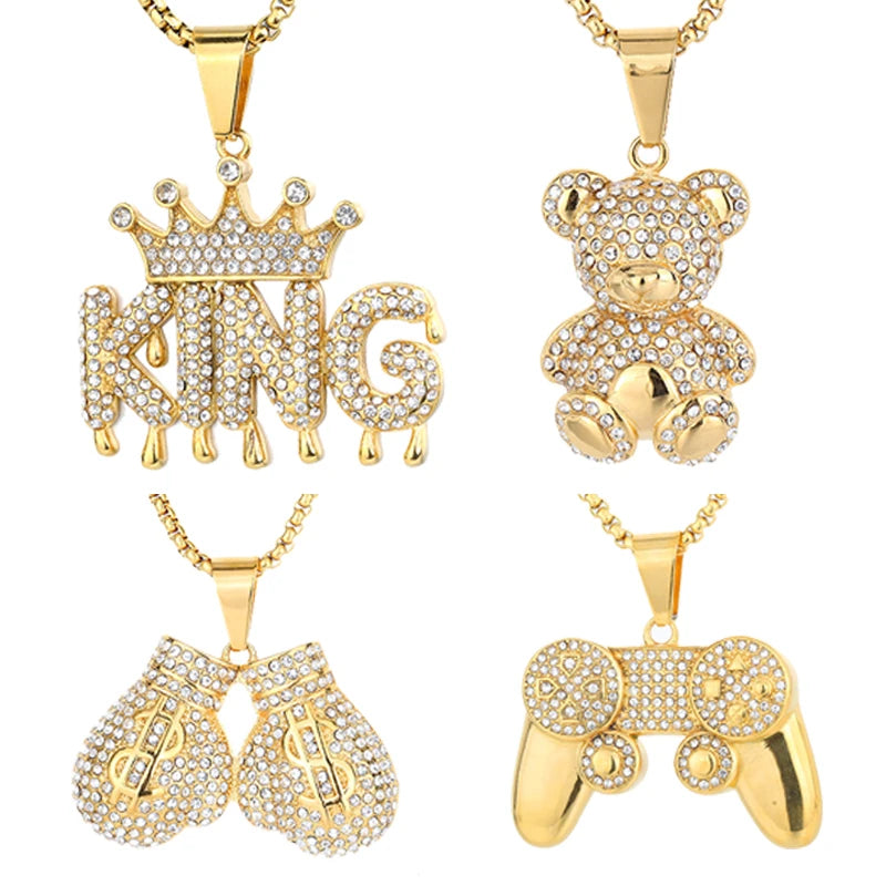 18K Gold Plated Waterproof Stainless Steel Hiphop Sports Pendant Necklace Full Crystal Diamond and Zircon Stone for Men/Women