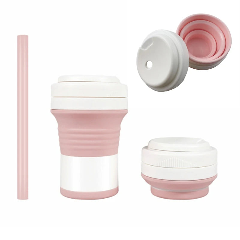Reusable Portable Outdoor Folding Silicon Water Cup Retractable Foldable Silicone Travel to Go Coffee Mug Cup With Lid and Straw